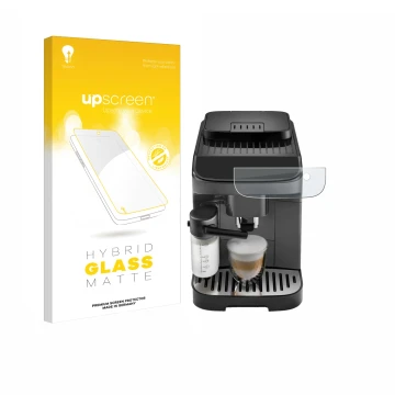 Face avant d’un emballage produit avec le logo de la marque upscreen. À côté, l’appareil DeLonghi Magnifica Evo est représenté