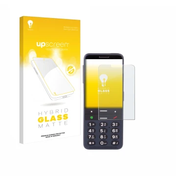 Face avant d’un emballage produit avec le logo de la marque upscreen. À côté, l’appareil BlindShell Classic 3 est représenté a