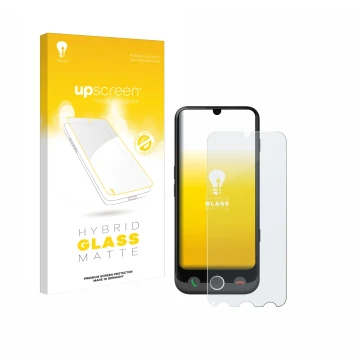 Face avant d’un emballage produit avec le logo de la marque upscreen. À côté, l’appareil Doro Aurora A30 est représenté avec l