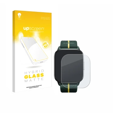 Face avant d’un emballage produit avec le logo de la marque upscreen. À côté, l’appareil Motorola Moto watch fit est représent