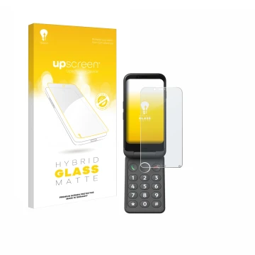 Face avant d’un emballage produit avec le logo de la marque upscreen. À côté, l’appareil Doro Aurora A20 est représenté avec l