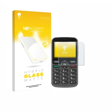Face avant d’un emballage produit avec le logo de la marque upscreen. À côté, l’appareil Doro 1380 est représenté avec la prot