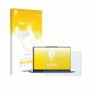 Face avant d’un emballage produit avec le logo de la marque upscreen. À côté, l’appareil Lenovo Yoga Slim 7 14Q8X9 est représe