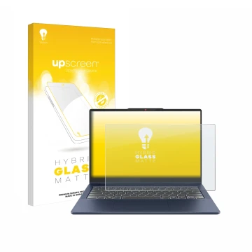 Face avant d’un emballage produit avec le logo de la marque upscreen. À côté, l’appareil Lenovo IdeaPad 5 2-in-1 Gen 10 14