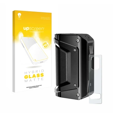 Face avant d’un emballage produit avec le logo de la marque upscreen. À côté, l’appareil GeekVape Aegis Legend 3 est représent