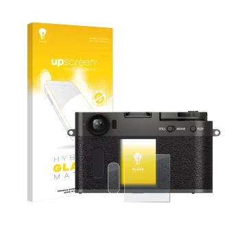 Face avant d’un emballage produit avec le logo de la marque upscreen. À côté, l’appareil Fujifilm X Half X-HF1 est représenté 