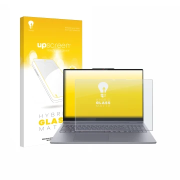 Face avant d’un emballage produit avec le logo de la marque upscreen. À côté, l’appareil Lenovo IdeaPad 5 2-in-1 14AKP10 est r