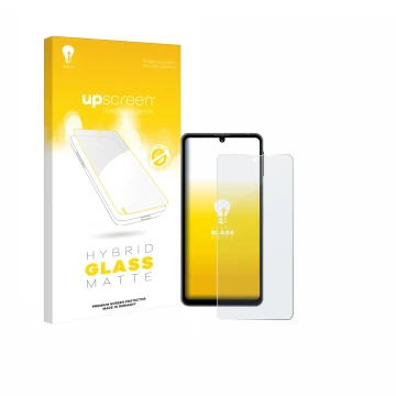 Face avant d’un emballage produit avec le logo de la marque upscreen. À côté, l’appareil Sharp Aquos Sense 8 est représenté av