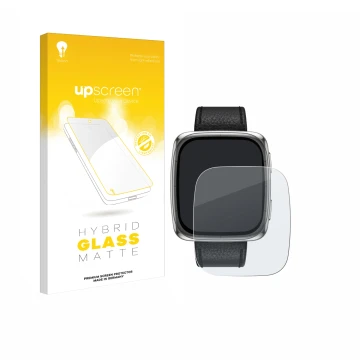 Face avant d’un emballage produit avec le logo de la marque upscreen. À côté, l’appareil Amazfit Active 2 (rectangulaire) est 