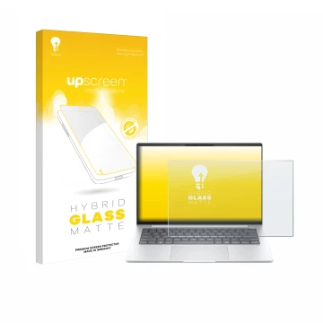 Face avant d’un emballage produit avec le logo de la marque upscreen. À côté, l’appareil HP EliteBook 8 G1i 14