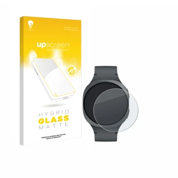Face avant d’un emballage produit avec le logo de la marque upscreen. À côté, l’appareil Samsung Galaxy Watch 8 (40 mm) est re