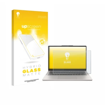 Face avant d’un emballage produit avec le logo de la marque upscreen. À côté, l’appareil Lenovo Chromebook Plus 14 est représe