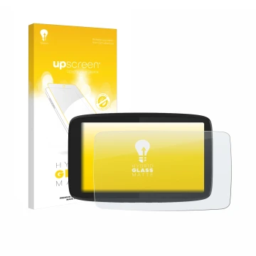 Face avant d’un emballage produit avec le logo de la marque upscreen. À côté, l’appareil TomTom GO Camper Tour est représenté 
