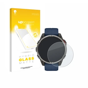 Face avant d’un emballage produit avec le logo de la marque upscreen. À côté, l’appareil Garmin quatix 8 (47 mm) est représent
