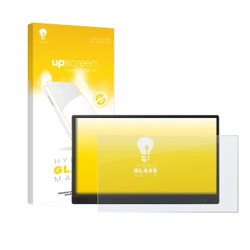 Face avant d’un emballage produit avec le logo de la marque upscreen. À côté, l’appareil ASUS ZenScreen MB166C est représenté 