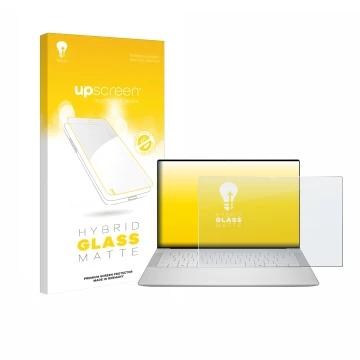 Face avant d’un emballage produit avec le logo de la marque upscreen. À côté, l’appareil Dell 14 Premium Laptop est représenté