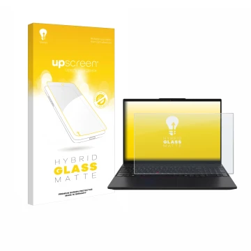 Face avant d’un emballage produit avec le logo de la marque upscreen. À côté, l’appareil Lenovo ThinkPad L16 Gen 2 est représe