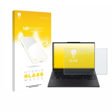 Face avant d’un emballage produit avec le logo de la marque upscreen. À côté, l’appareil Lenovo ThinkPad T14 Gen 6 est représe