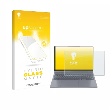 Face avant d’un emballage produit avec le logo de la marque upscreen. À côté, l’appareil Lenovo ThinkBook 16p Gen 6 est représ