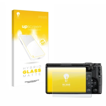 Face avant d’un emballage produit avec le logo de la marque upscreen. À côté, l’appareil Ricoh GR IV 2025 est représenté avec 