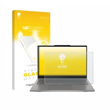 Face avant d’un emballage produit avec le logo de la marque upscreen. À côté, l’appareil Lenovo ThinkPad L13 2-in-1 Gen 6 est 