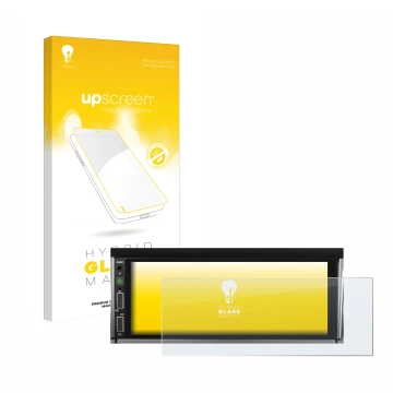 Face avant d’un emballage produit avec le logo de la marque upscreen. À côté, l’appareil Hikity Carplay 6.86