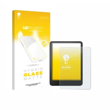 Face avant d’un emballage produit avec le logo de la marque upscreen. À côté, l’appareil Amazon Kindle Colorsoft est représent