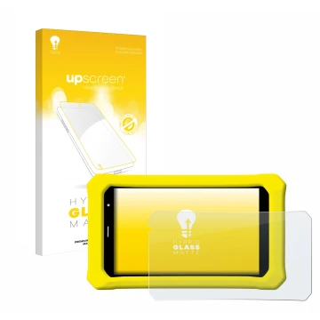 Face avant d’un emballage produit avec le logo de la marque upscreen. À côté, l’appareil Clementoni Clempad 8