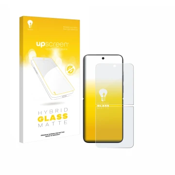 Face avant d’un emballage produit avec le logo de la marque upscreen. À côté, l’appareil Xiaomi MIX Flip est représenté avec l