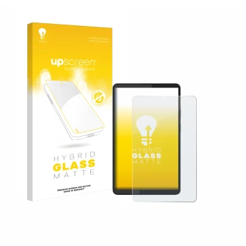 Face avant d’un emballage produit avec le logo de la marque upscreen. À côté, l’appareil Lenovo Tab One 8.7