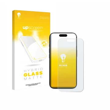Face avant d’un emballage produit avec le logo de la marque upscreen. À côté, l’appareil Apple iPhone 17 Pro est représenté av