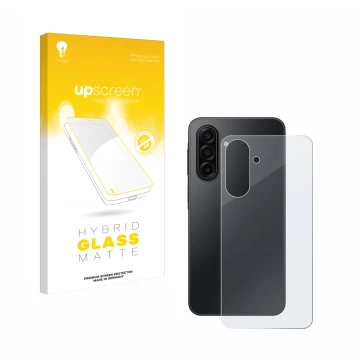 Face avant d’un emballage produit avec le logo de la marque upscreen. À côté, l’appareil Samsung Galaxy A17 5G (Arrière) est r