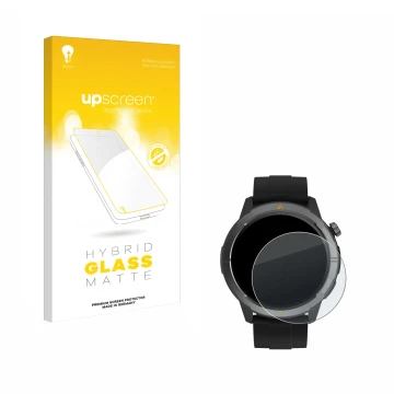 Face avant d’un emballage produit avec le logo de la marque upscreen. À côté, l’appareil AGM Legion Watch 1.43