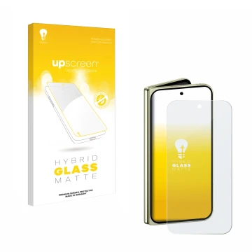 Face avant d’un emballage produit avec le logo de la marque upscreen. À côté, l’appareil Google Pixel 10 Pro Fold est représen