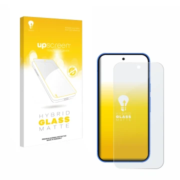 Face avant d’un emballage produit avec le logo de la marque upscreen. À côté, l’appareil Google Pixel 10 est représenté avec l