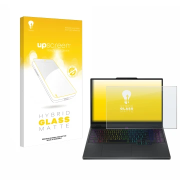 Face avant d’un emballage produit avec le logo de la marque upscreen. À côté, l’appareil Lenovo Legion 5i Gen 10 15