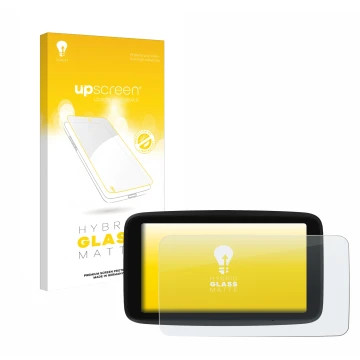 Face avant d’un emballage produit avec le logo de la marque upscreen. À côté, l’appareil TomTom GO Classic 5