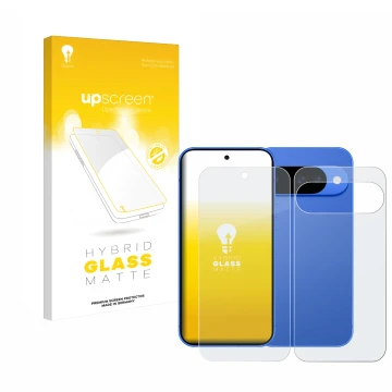 Face avant d’un emballage produit avec le logo de la marque upscreen. À côté, l’appareil Google Pixel 10 (Avant+Arrière) est r