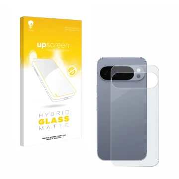 Face avant d’un emballage produit avec le logo de la marque upscreen. À côté, l’appareil Google Pixel 10 Pro XL (Arrière) est 
