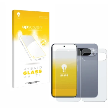 Face avant d’un emballage produit avec le logo de la marque upscreen. À côté, l’appareil Google Pixel 10 Pro XL (Avant+Arrière