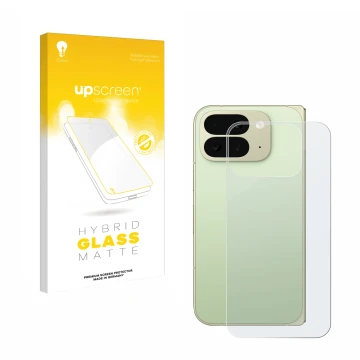 Face avant d’un emballage produit avec le logo de la marque upscreen. À côté, l’appareil Google Pixel 10 Pro Fold (Arrière) es