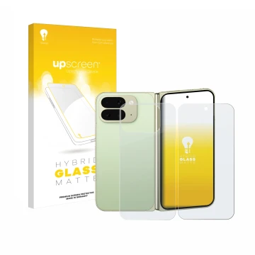 Face avant d’un emballage produit avec le logo de la marque upscreen. À côté, l’appareil Google Pixel 10 Pro Fold (Avant+Arriè