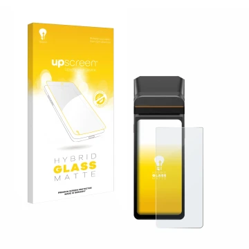 Face avant d’un emballage produit avec le logo de la marque upscreen. À côté, l’appareil Sunmi V3H est représenté avec la prot