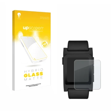 Face avant d’un emballage produit avec le logo de la marque upscreen. À côté, l’appareil Pebble 2 Duo 2025 est représenté avec