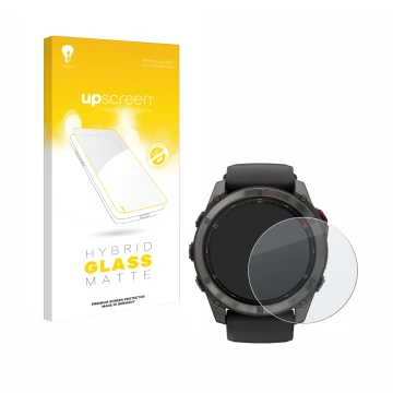 Face avant d’un emballage produit avec le logo de la marque upscreen. À côté, l’appareil Garmin Fenix 8 Pro AMOLED (51 mm) est