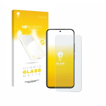 Face avant d’un emballage produit avec le logo de la marque upscreen. À côté, l’appareil Nubia Air est représenté avec la prot