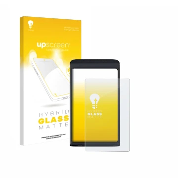 Face avant d’un emballage produit avec le logo de la marque upscreen. À côté, l’appareil Vasco Translator Q1 est représenté av