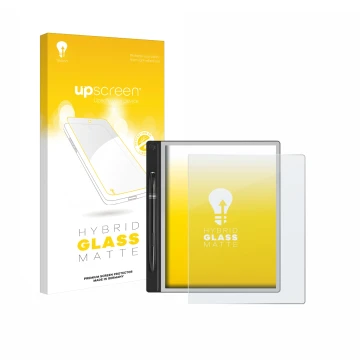 Face avant d’un emballage produit avec le logo de la marque upscreen. À côté, l’appareil Montblanc Digital Paper est représent