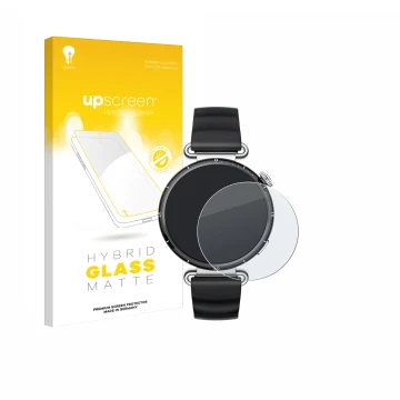Face avant d’un emballage produit avec le logo de la marque upscreen. À côté, l’appareil Huawei Watch GT 6 (41 mm) est représe