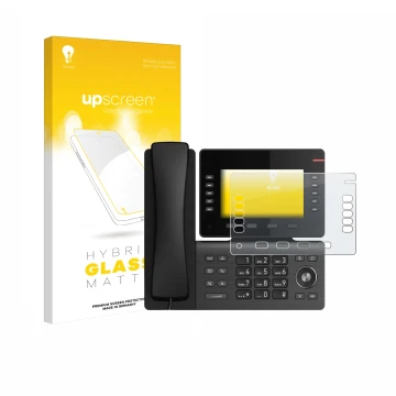 Face avant d’un emballage produit avec le logo de la marque upscreen. À côté, l’appareil Snom D865 est représenté avec la prot